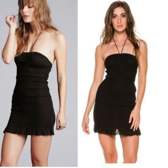 Free People Beach Babe Smocked Dress Sz M Black Smocked Ruched Swim Cover - Picture 1 of 5